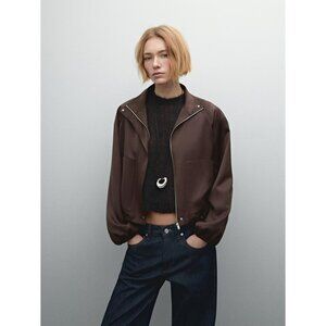 Massimo Dutti Womens Satin Bomber Jacket Medium M Burgundy 6719/980 NWT